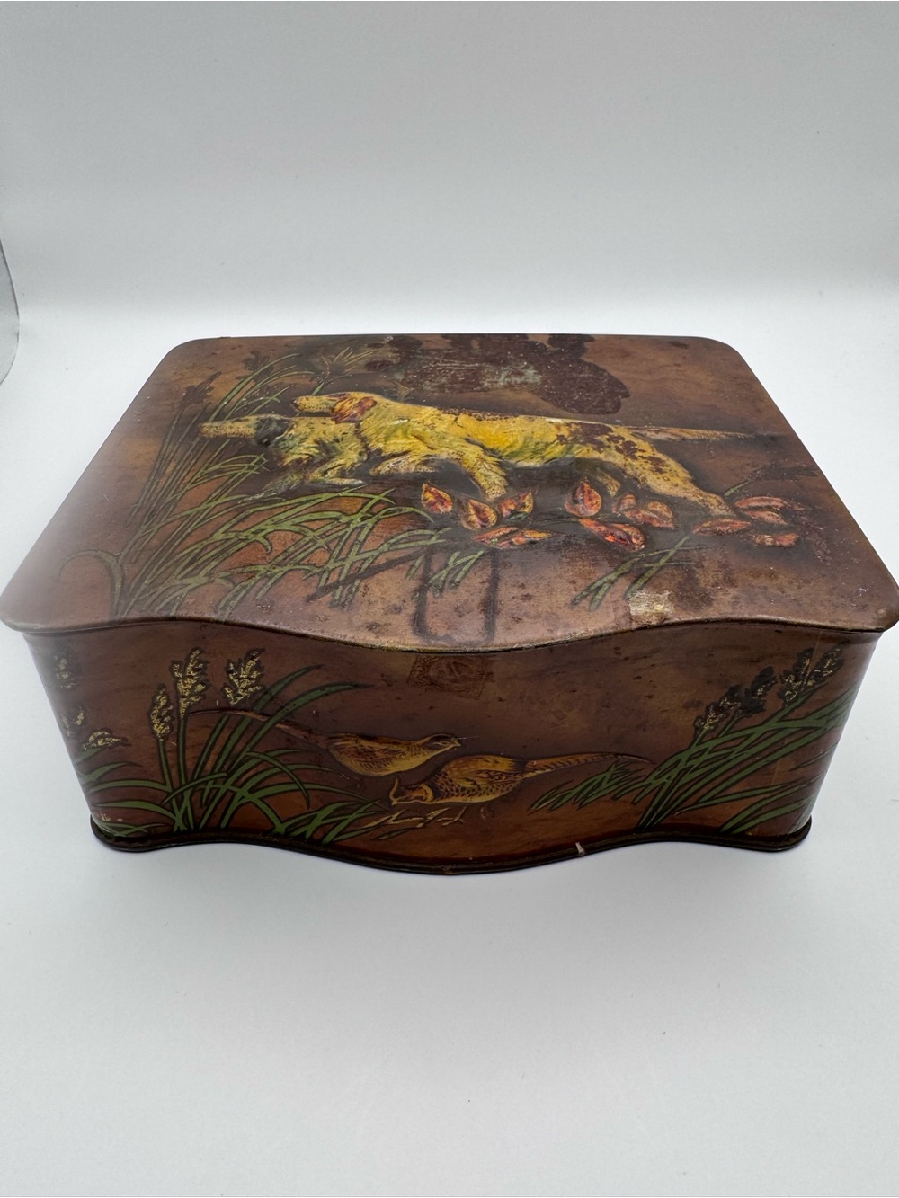 Vintage Hudson Scott Hunting Dogs Tin Box Embossed Deer Pheasants England